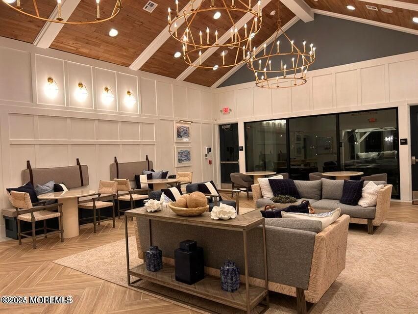 Chandelier, Dining room, Interior, Living room, Pendant Lights, Recessed Lighting, Wooden Ceilings, Wood Texture Flooring