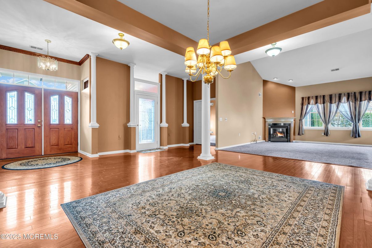 Chandelier, Fireplace, Interior, Recessed Lighting, Wood Texture Flooring