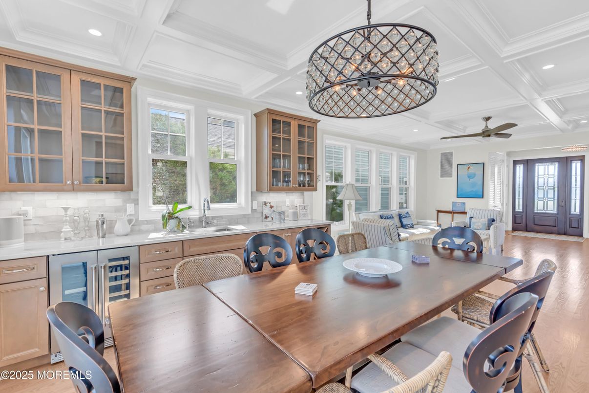 Dining room, Interior, Pendant Lights, Recessed Lighting, Wood Texture Flooring