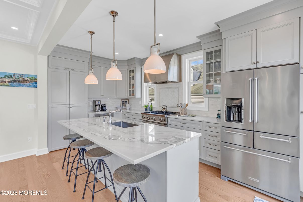 Interior, Kitchen, Pendant Lights, Recessed Lighting, Stainless Steel Appliances, Wood Texture Flooring
