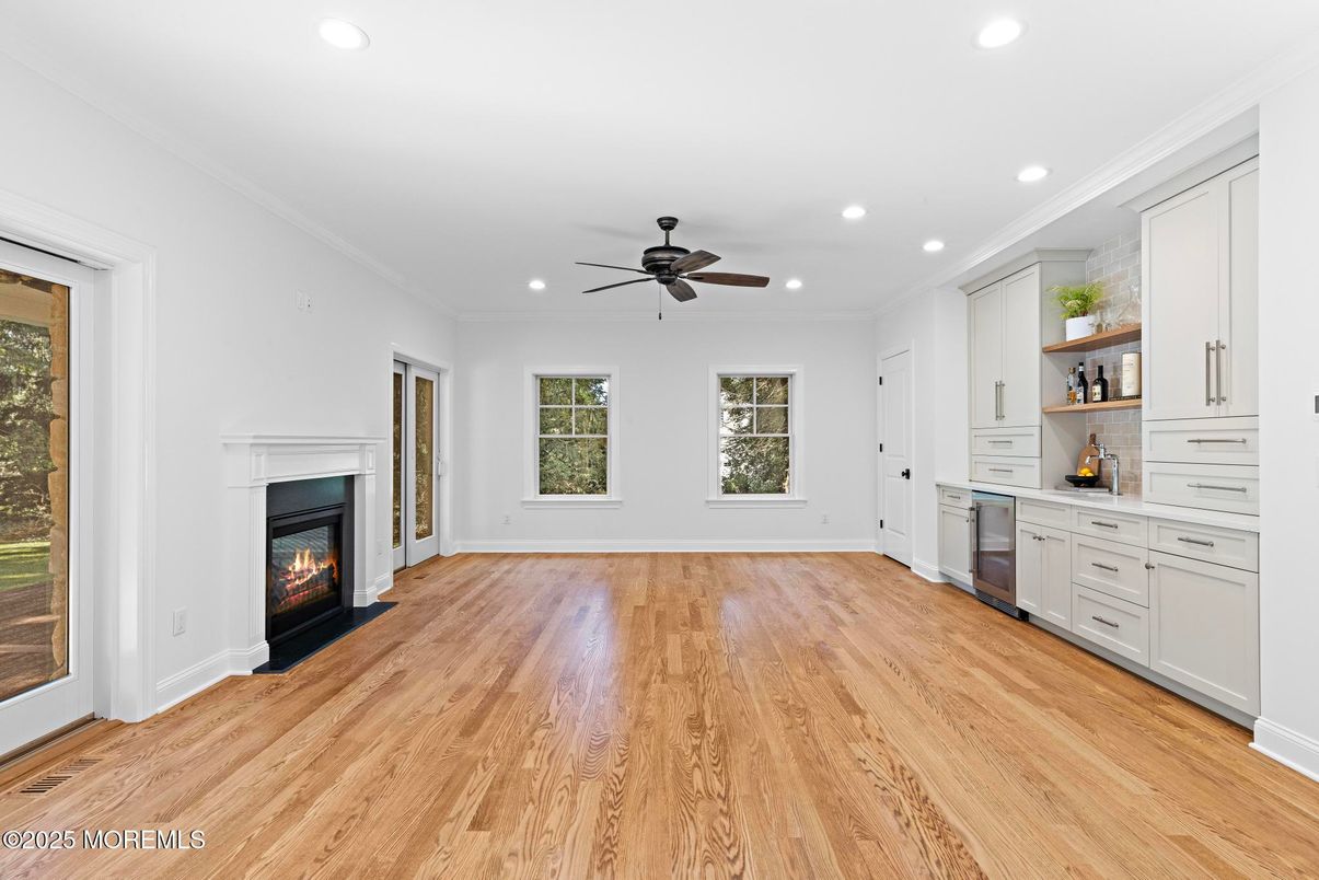 Empty room, Fireplace, Interior, Recessed Lighting, Wood Texture Flooring