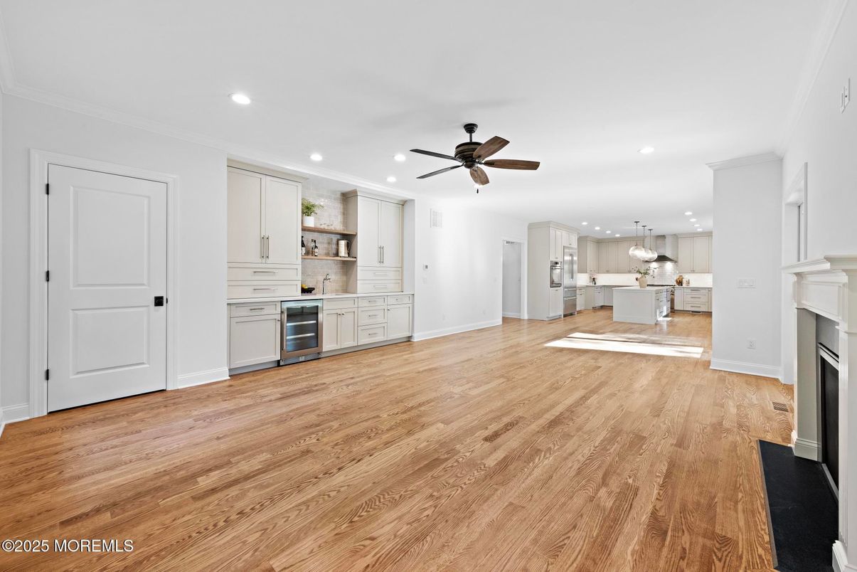 Fireplace, Interior, Kitchen, Pendant Lights, Recessed Lighting, Stainless Steel Appliances, Wood Texture Flooring