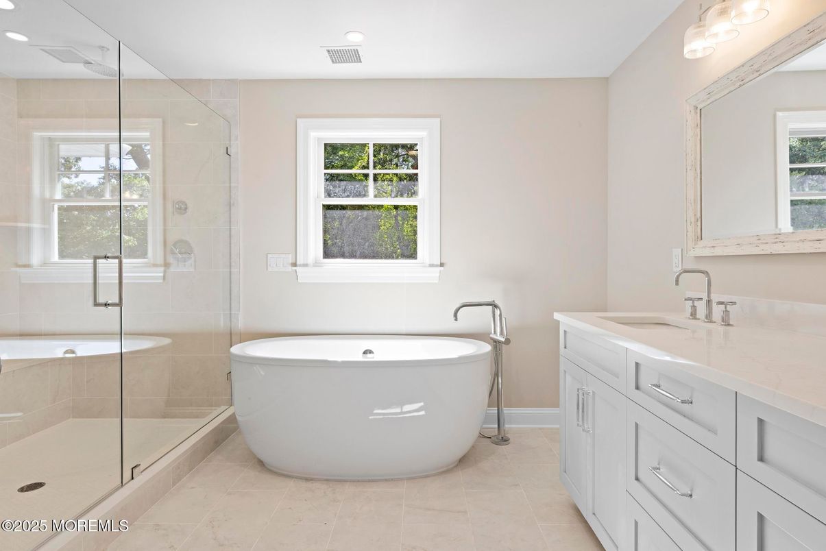 Bathroom, Dual Sink Vanities, Free Standing Baths, Glass Shower, Interior, Recessed Lighting