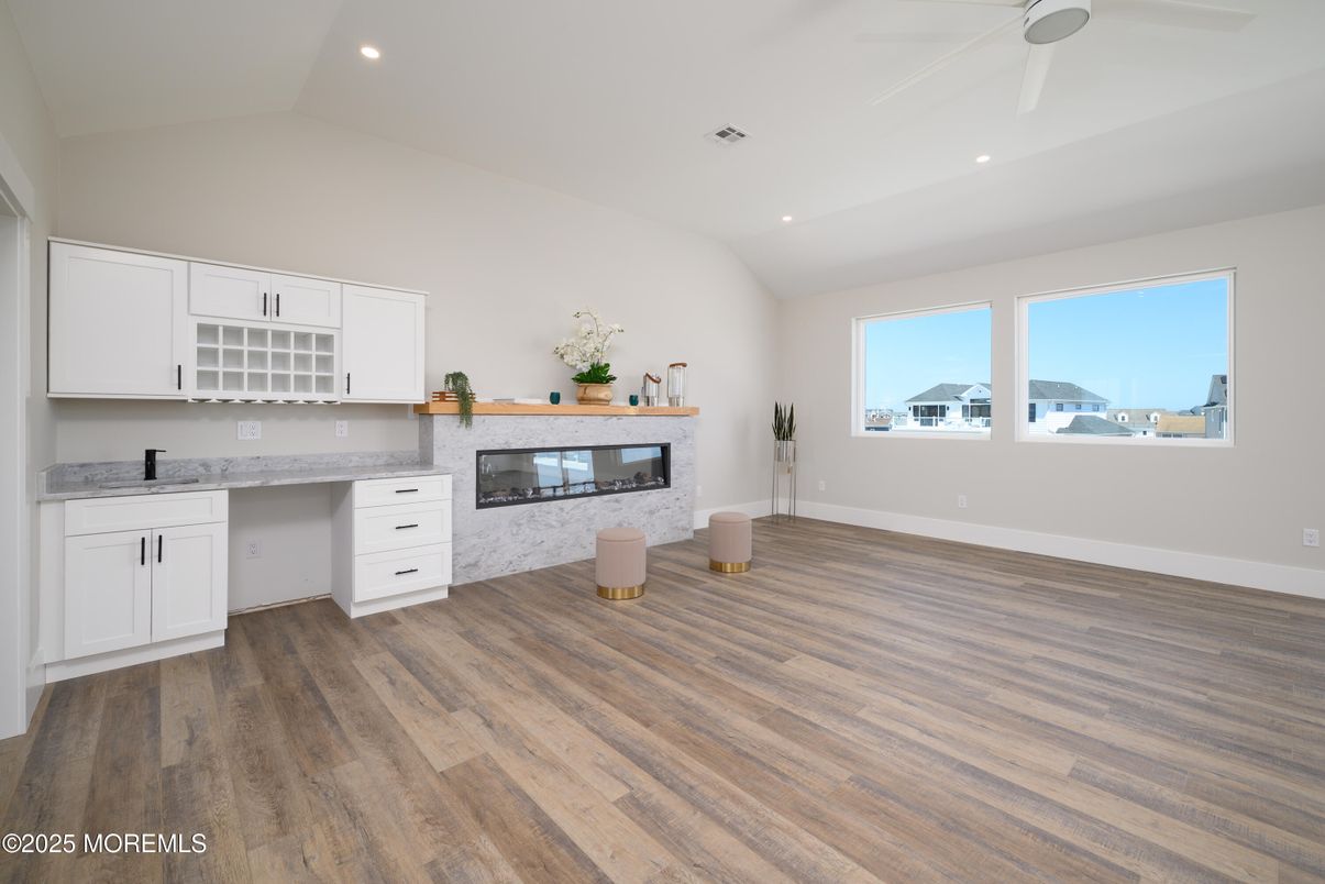 Fireplace, Interior, Recessed Lighting, Wood Texture Flooring