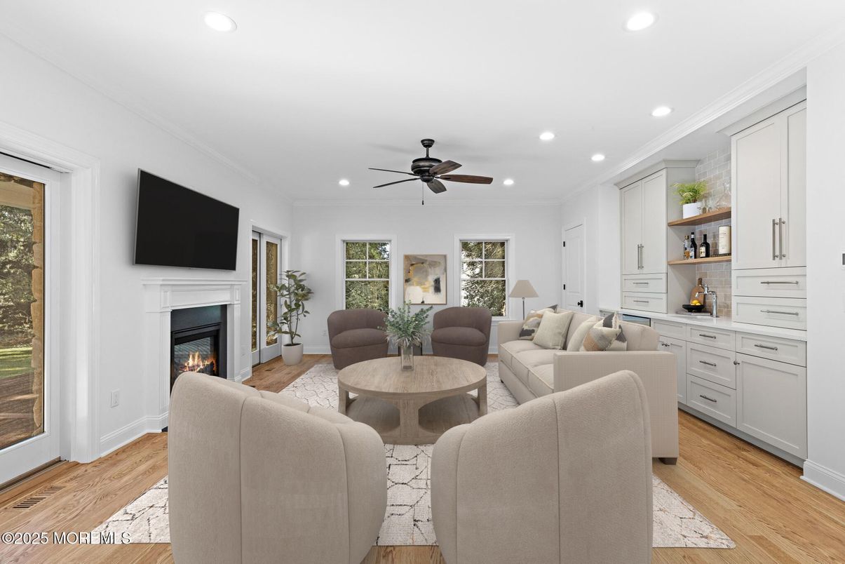 Fireplace, Interior, Living room, Recessed Lighting, Wood Texture Flooring
