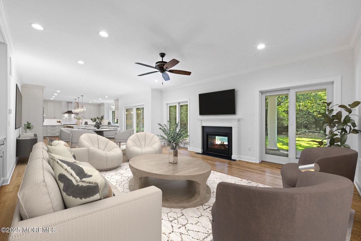 Fireplace, Interior, Kitchen, Living room, Pendant Lights, Recessed Lighting, Wood Texture Flooring