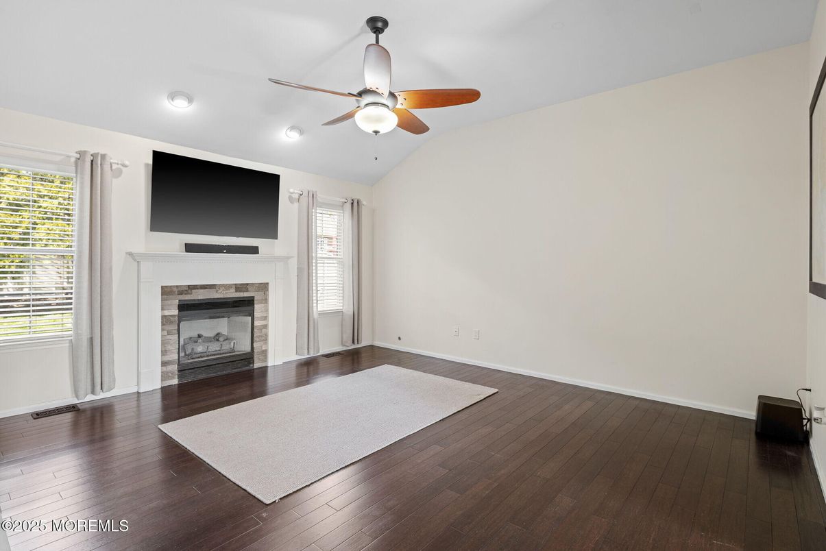 Empty room, Fireplace, Interior, Recessed Lighting, Wood Texture Flooring
