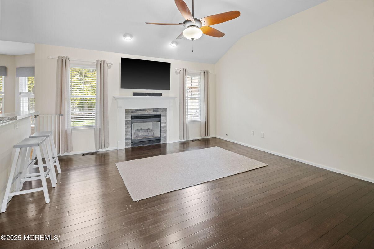 Empty room, Fireplace, Interior, Recessed Lighting, Wood Texture Flooring