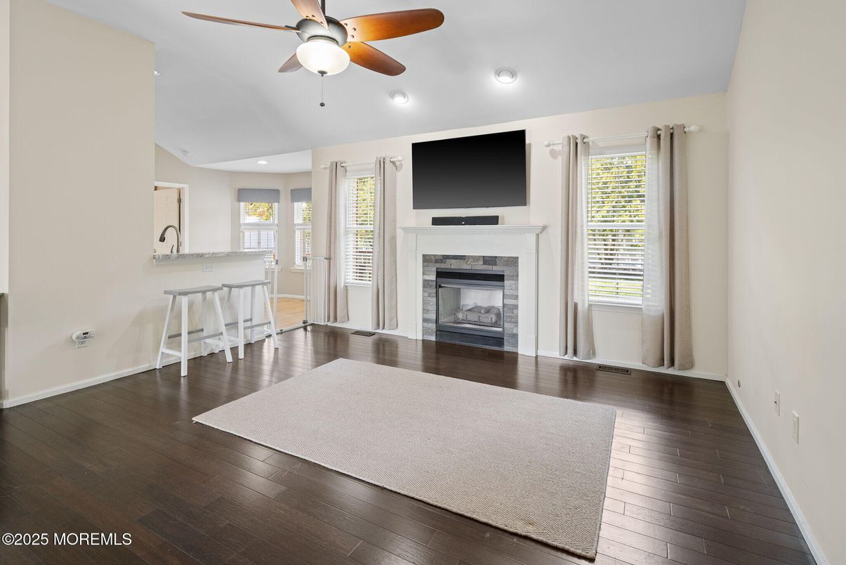 Empty room, Fireplace, Interior, Recessed Lighting, Wood Texture Flooring