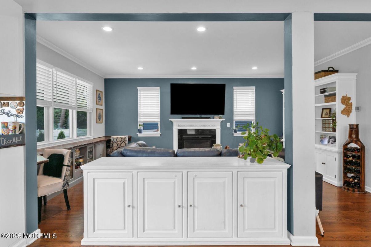 Fireplace, Interior, Recessed Lighting, Wood Texture Flooring