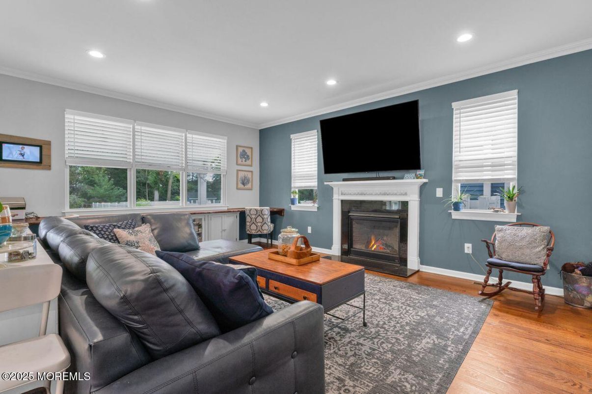 Fireplace, Interior, Living room, Recessed Lighting, Wood Texture Flooring