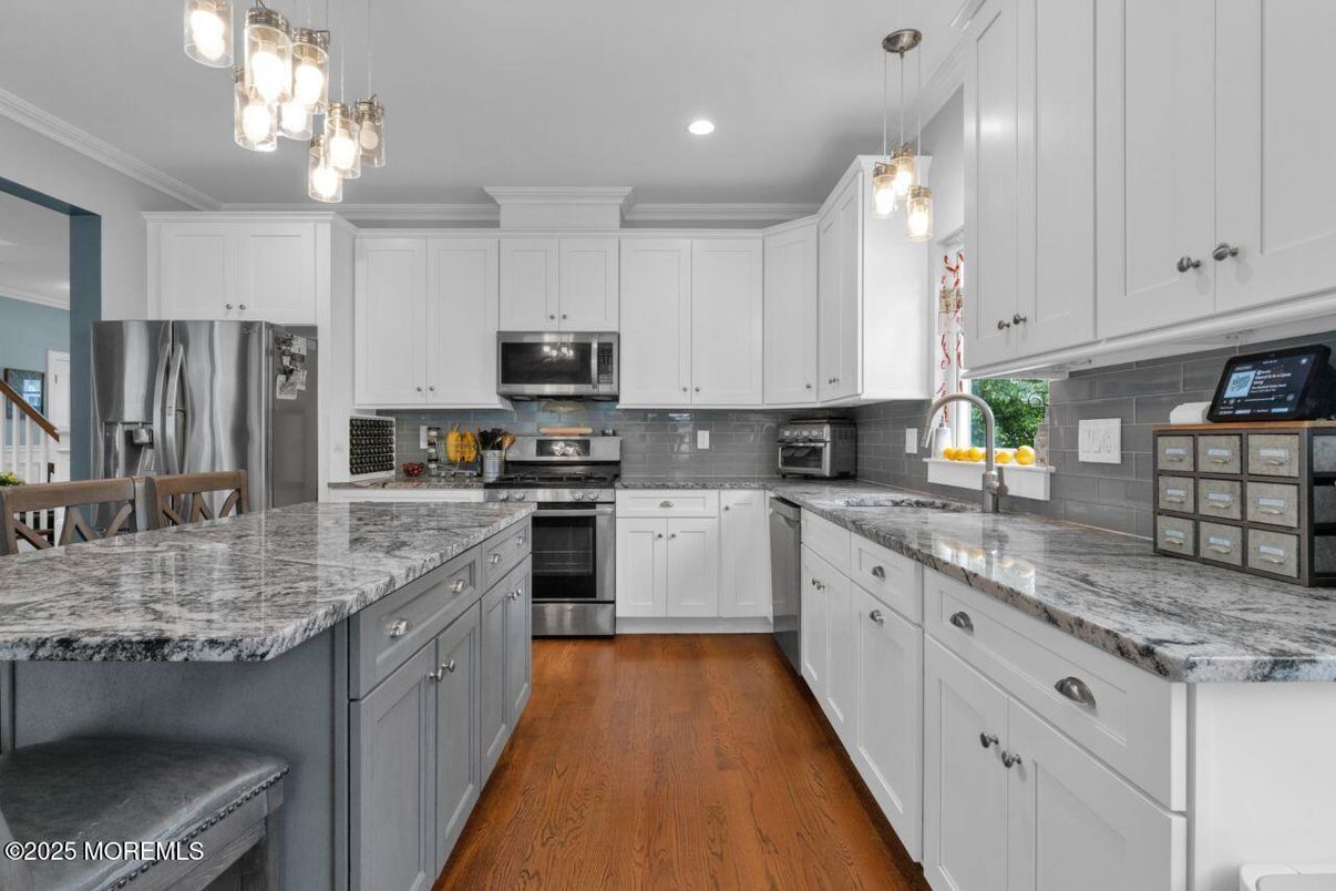 Interior, Kitchen, Pendant Lights, Recessed Lighting, Stainless Steel Appliances, Wood Texture Flooring