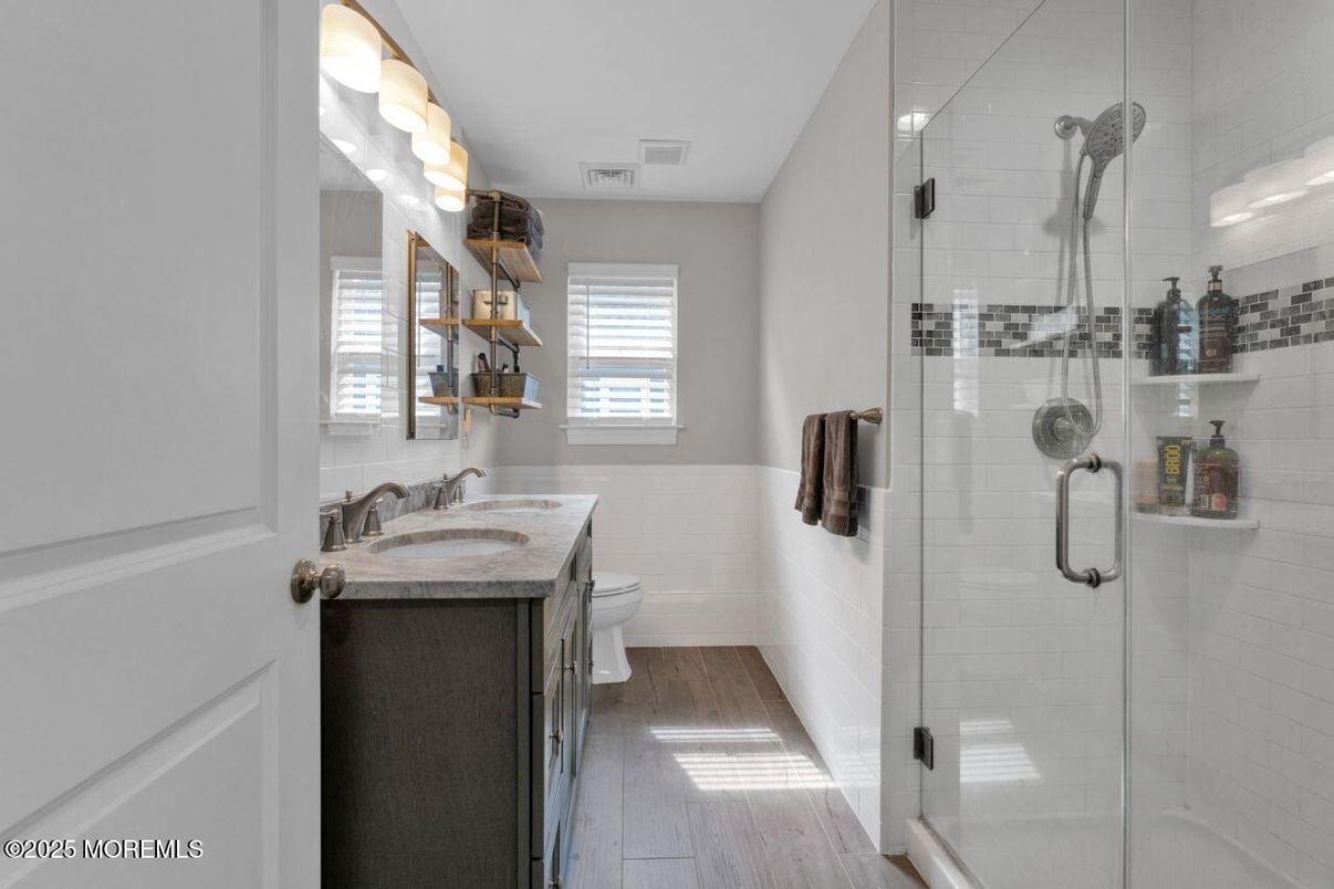 Bathroom, Glass Shower, Interior, Wood Texture Flooring