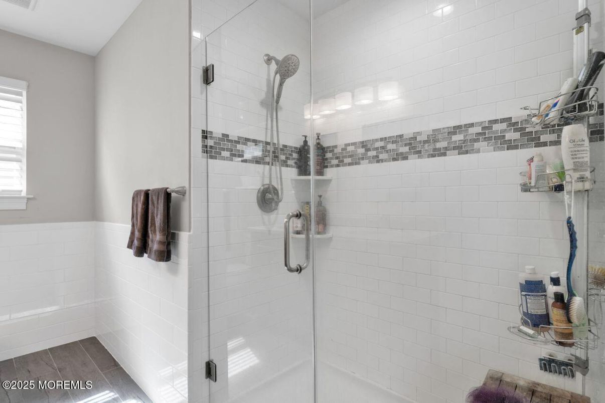 Bathroom, Glass Shower, Interior, Wood Texture Flooring