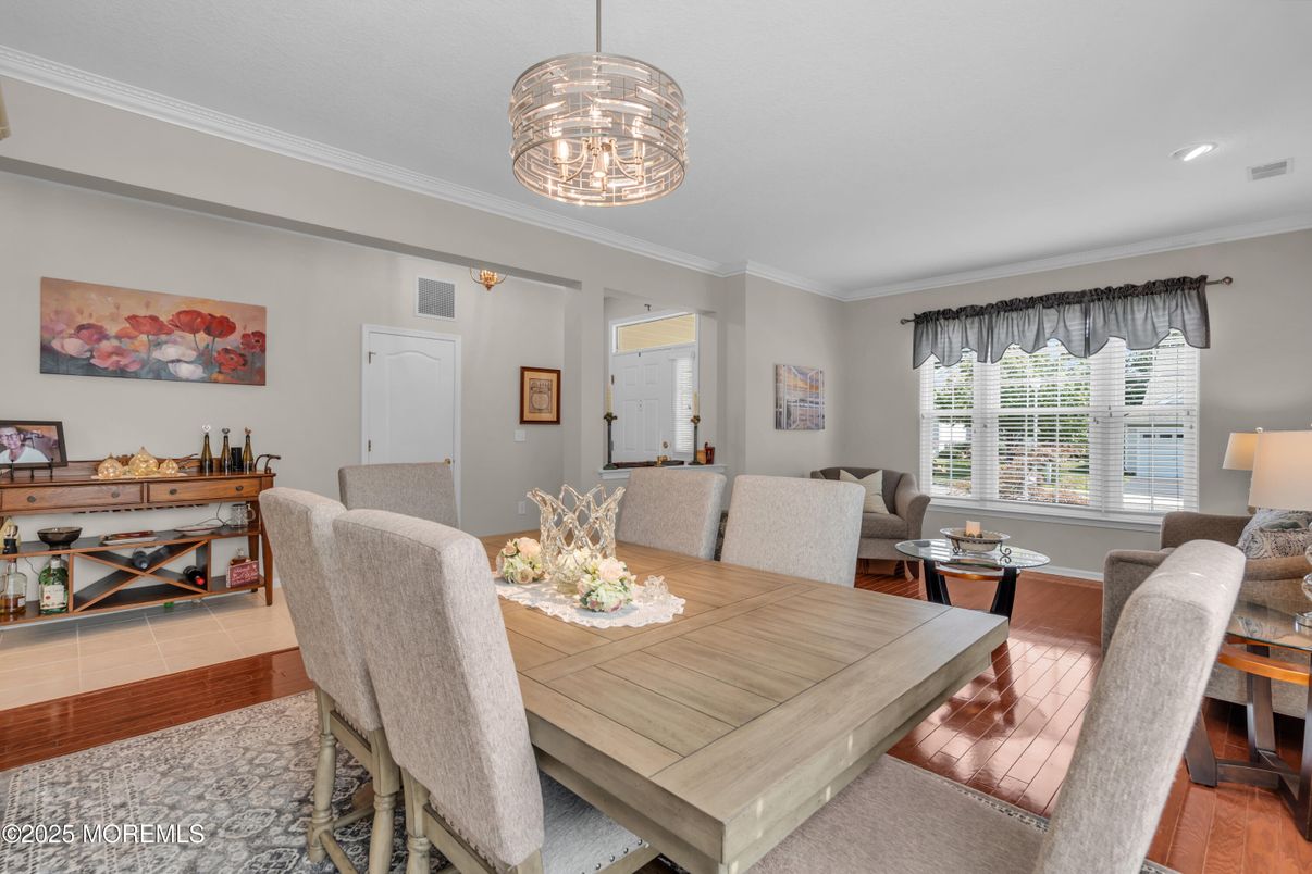 Dining room, Interior, Pendant Lights, Recessed Lighting, Wood Texture Flooring