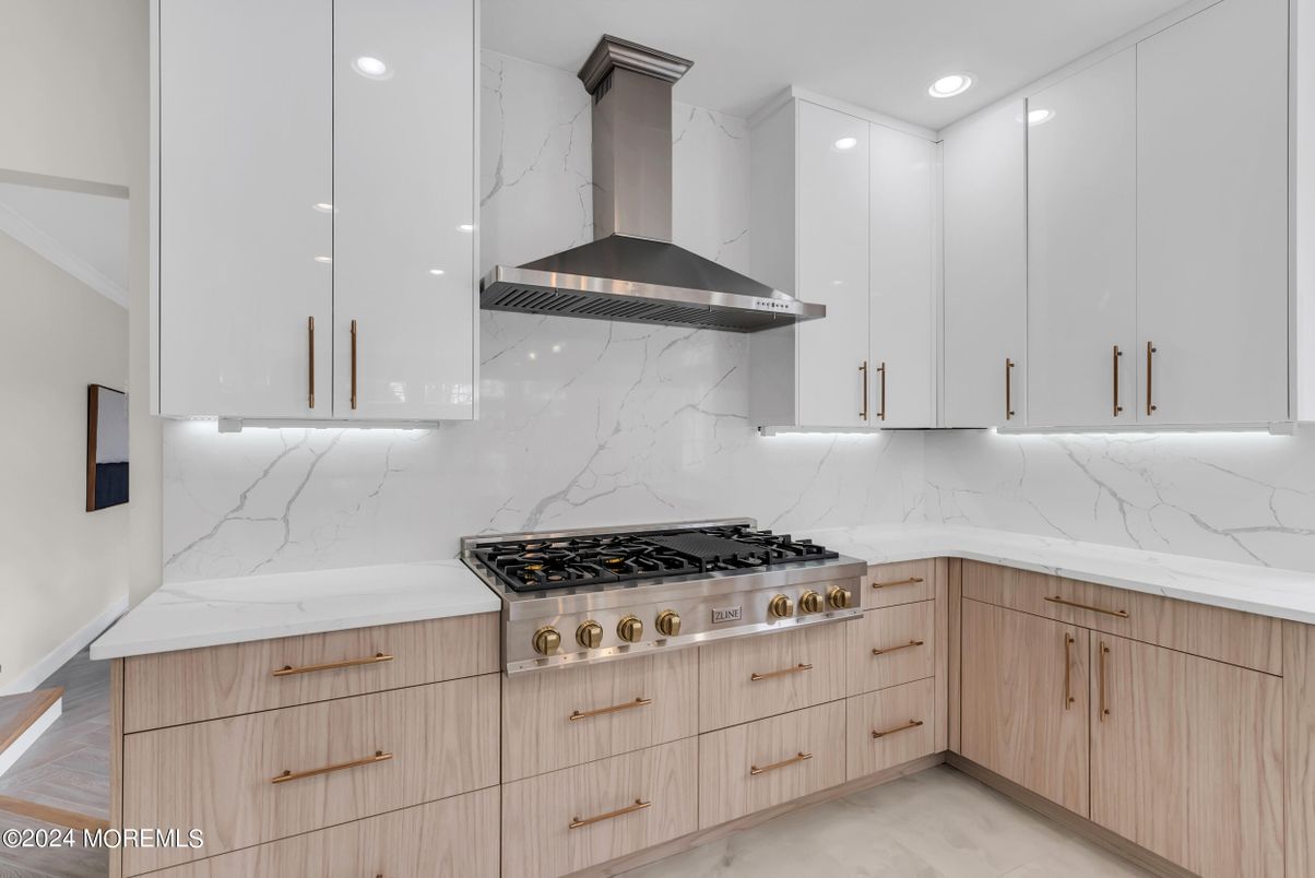 Interior, Kitchen, Marble, Marble Walls, Recessed Lighting, Stainless Steel Appliances