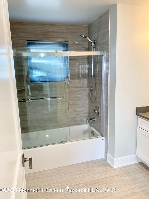 Bathroom, Glass Shower, Interior, Wood Texture Flooring
