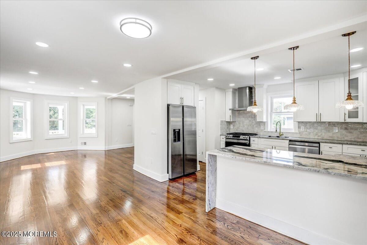 Interior, Kitchen, Pendant Lights, Recessed Lighting, Stainless Steel Appliances, Wood Texture Flooring