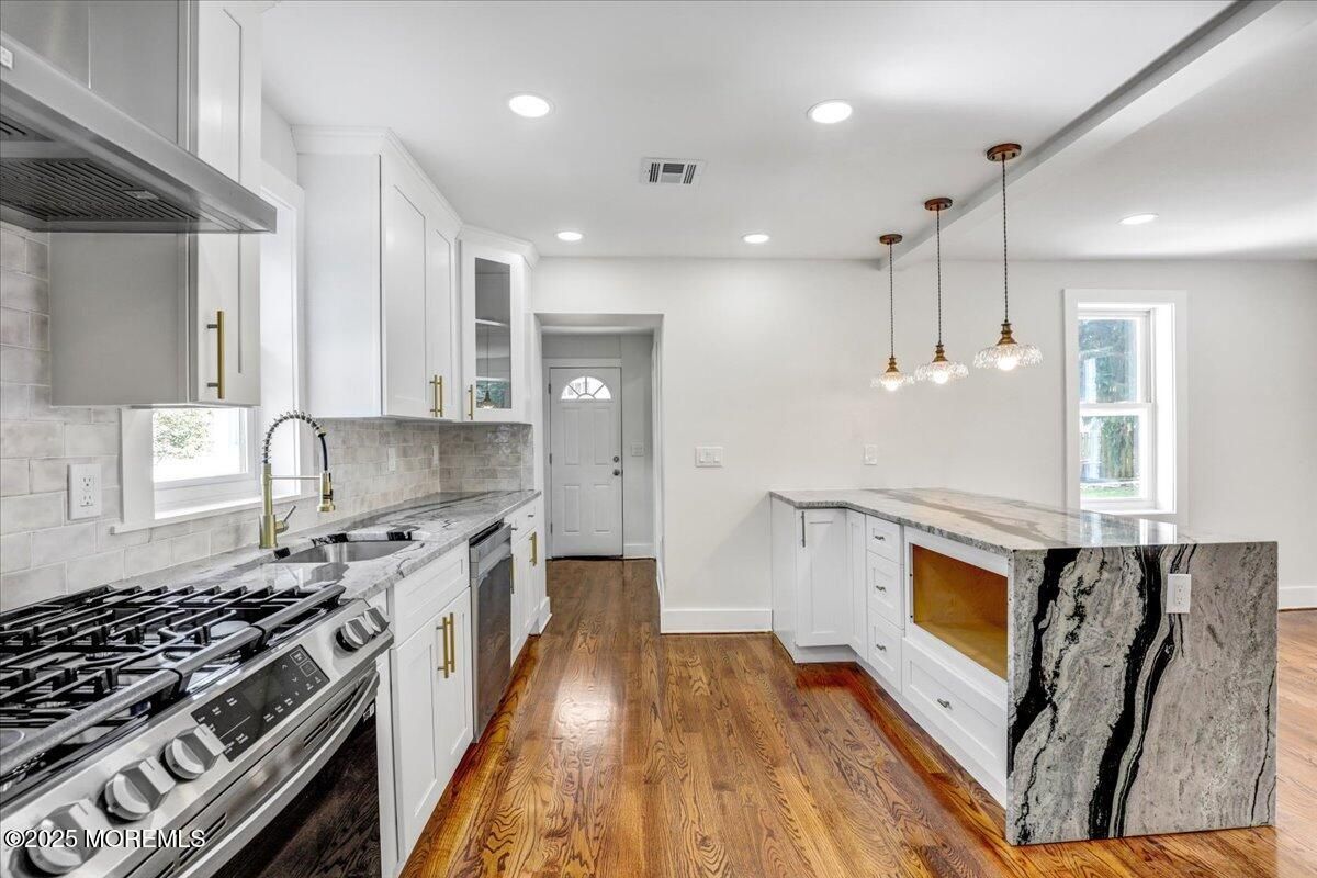 Interior, Kitchen, Pendant Lights, Recessed Lighting, Stainless Steel Appliances, Wood Texture Flooring
