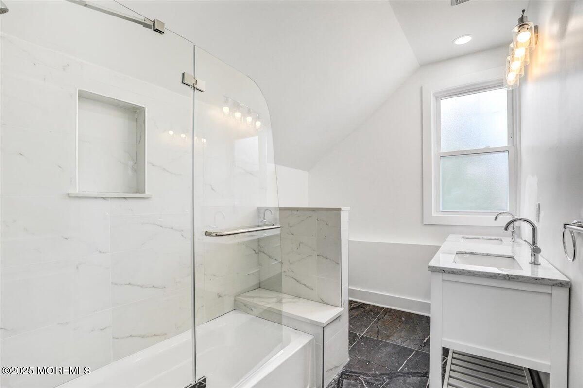 Bathroom, Glass Shower, Interior, Marble Walls, Recessed Lighting