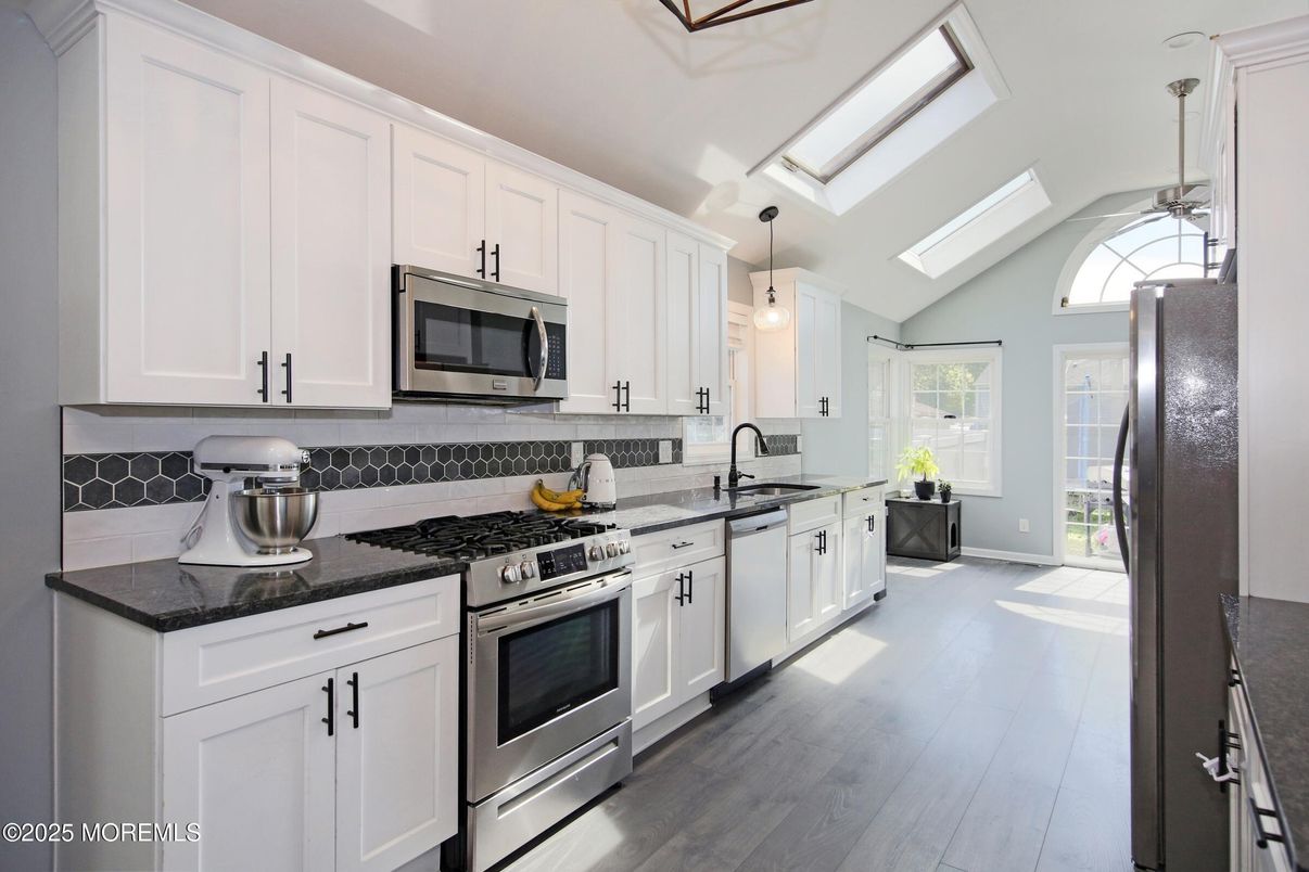 Interior, Kitchen, Pendant Lights, Stainless Steel Appliances, Wood Texture Flooring