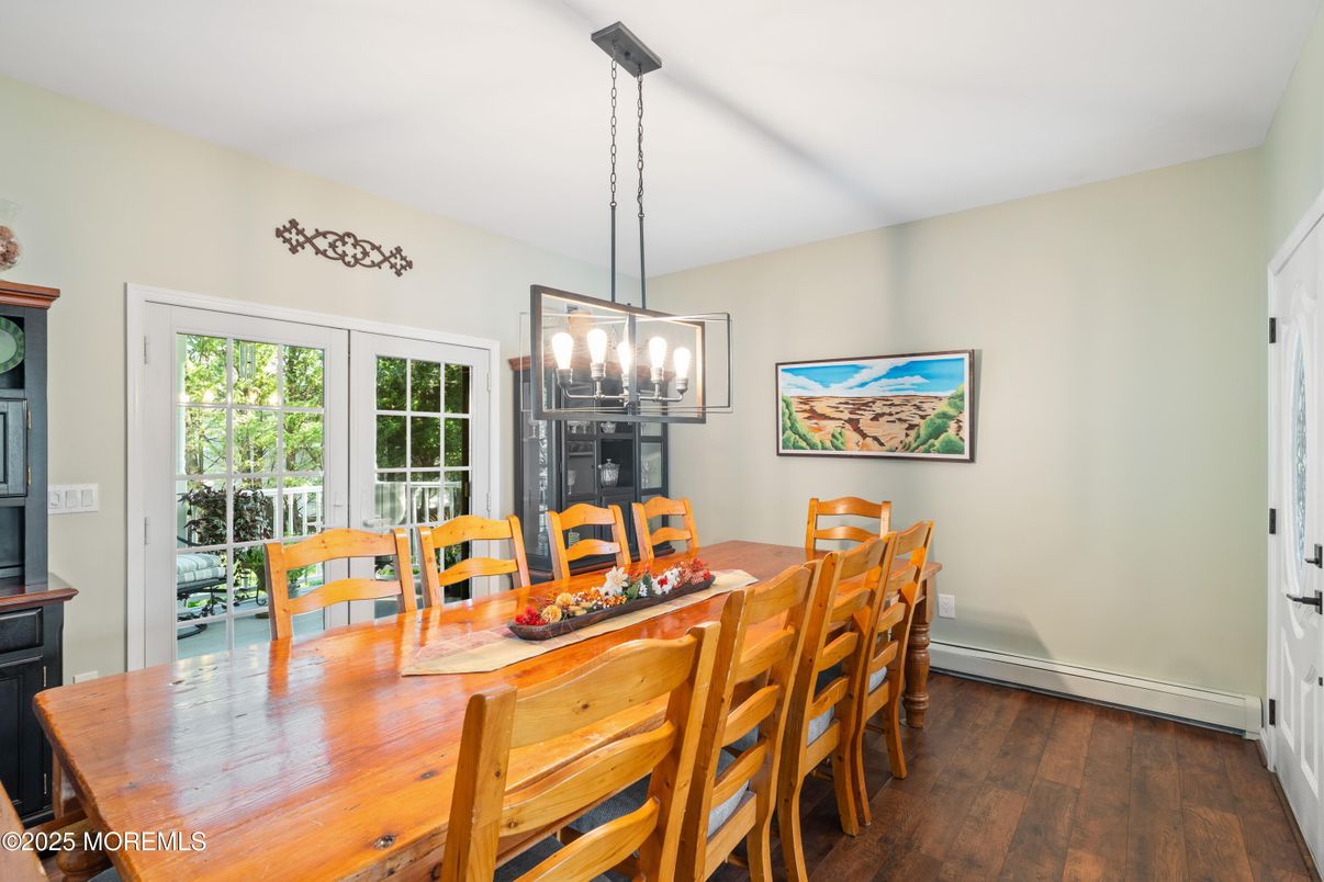 Dining room, Interior, Pendant Lights, Wood Texture Flooring
