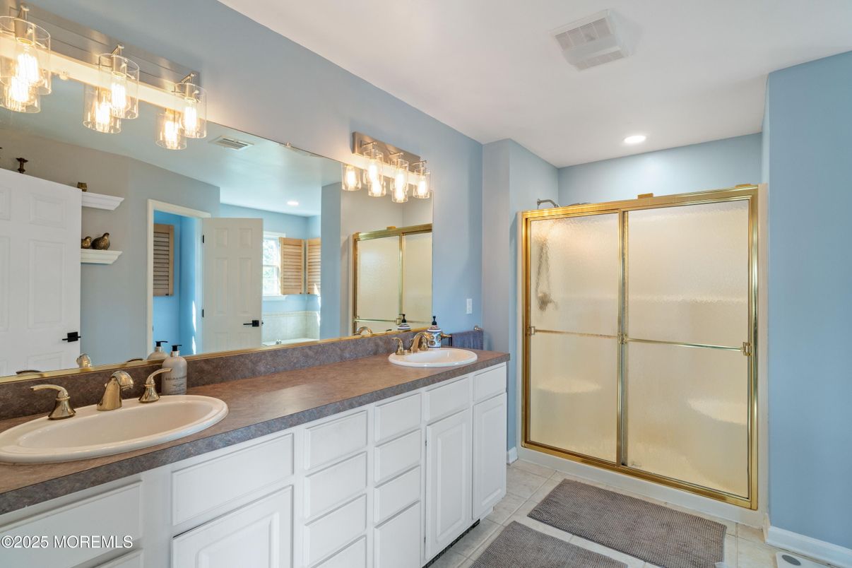 Bathroom, Dual Sink Vanities, Glass Shower, Interior, Recessed Lighting