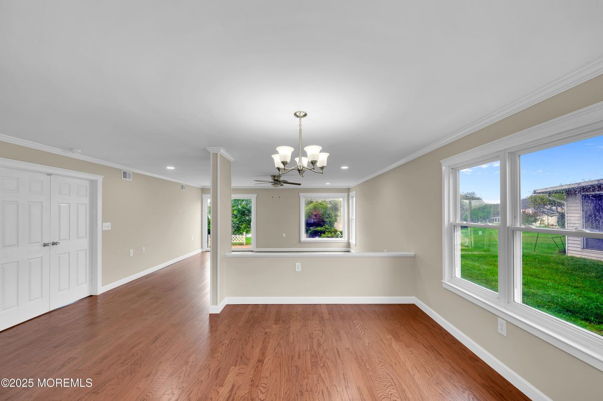 Chandelier, Empty room, Interior, Recessed Lighting, Wood Texture Flooring