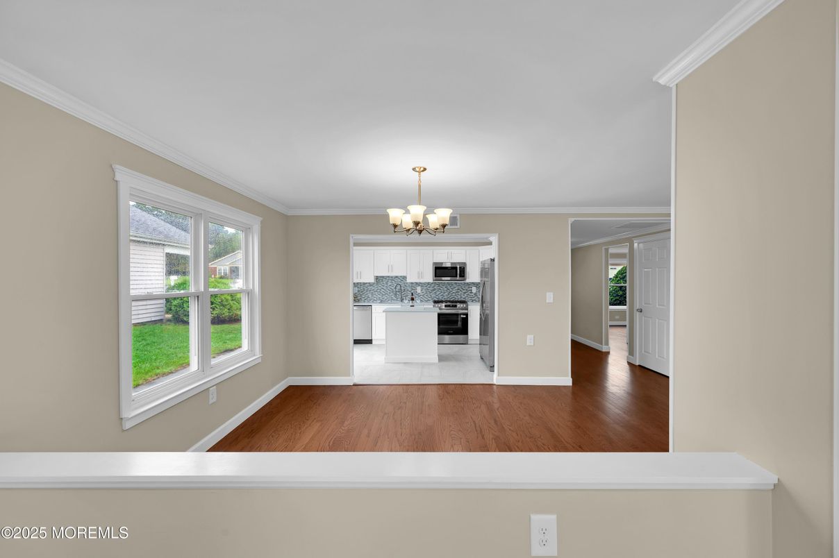 Chandelier, Interior, Kitchen, Stainless Steel Appliances, Wood Texture Flooring