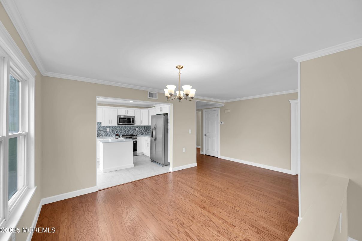 Chandelier, Empty room, Interior, Kitchen, Stainless Steel Appliances, Wood Texture Flooring