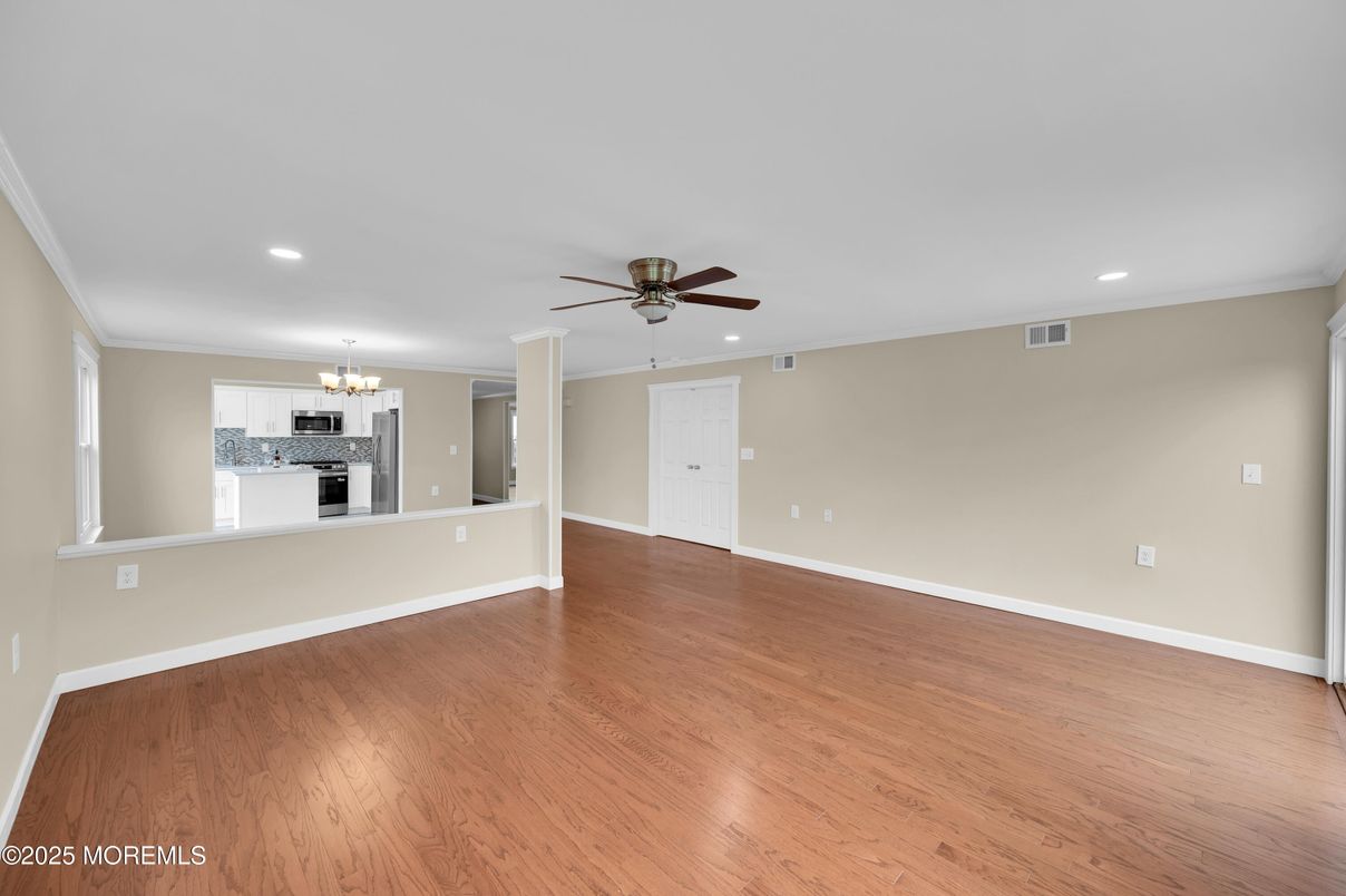 Chandelier, Empty room, Interior, Kitchen, Recessed Lighting, Wood Texture Flooring