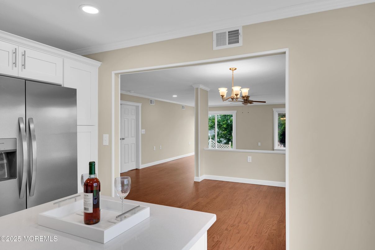 Chandelier, Interior, Kitchen, Recessed Lighting, Wood Texture Flooring
