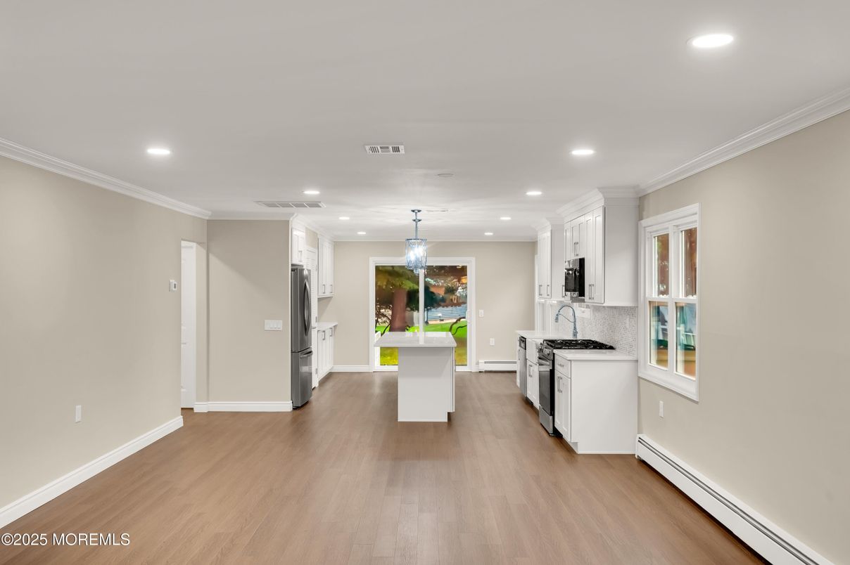 Interior, Kitchen, Pendant Lights, Recessed Lighting, Wood Texture Flooring