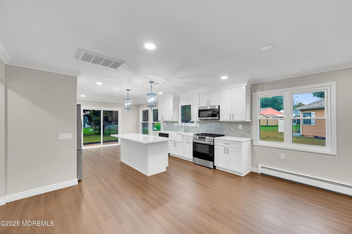 Interior, Kitchen, Pendant Lights, Recessed Lighting, Wood Texture Flooring