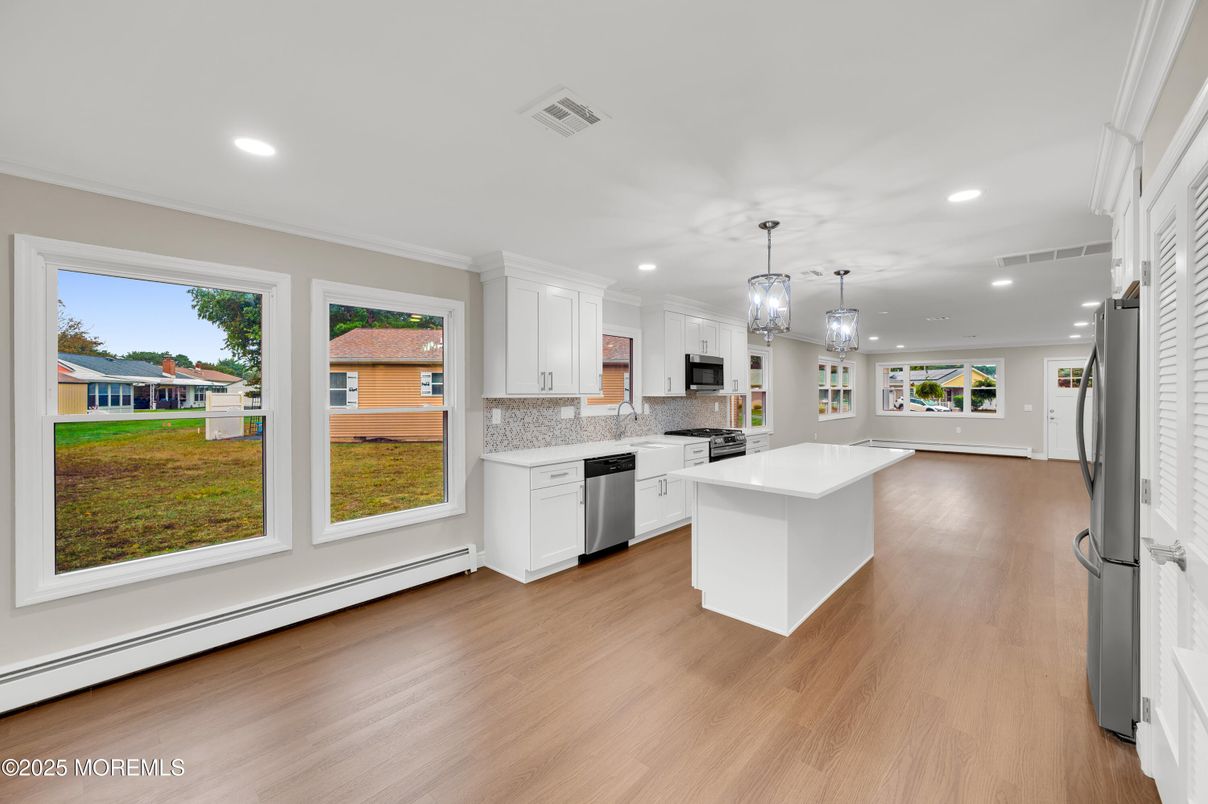 Interior, Kitchen, Pendant Lights, Recessed Lighting, Wood Texture Flooring