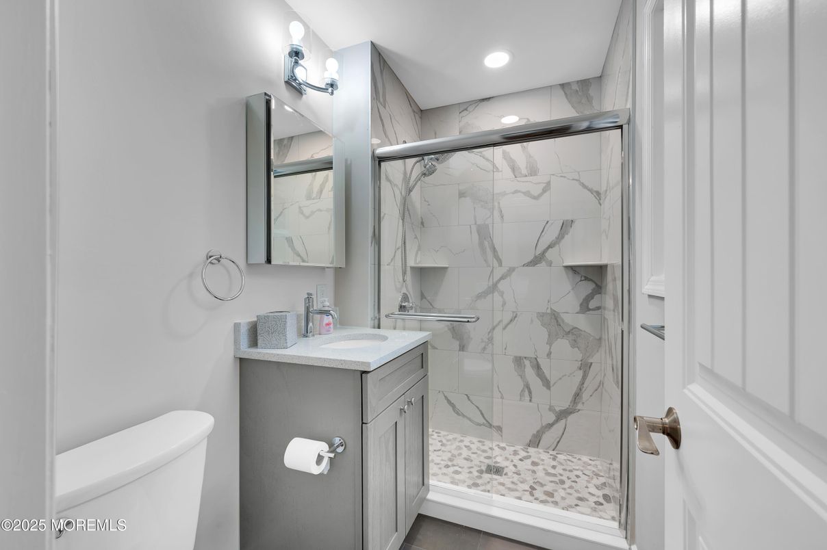 Bathroom, Glass Shower, Interior, Marble Walls, Recessed Lighting