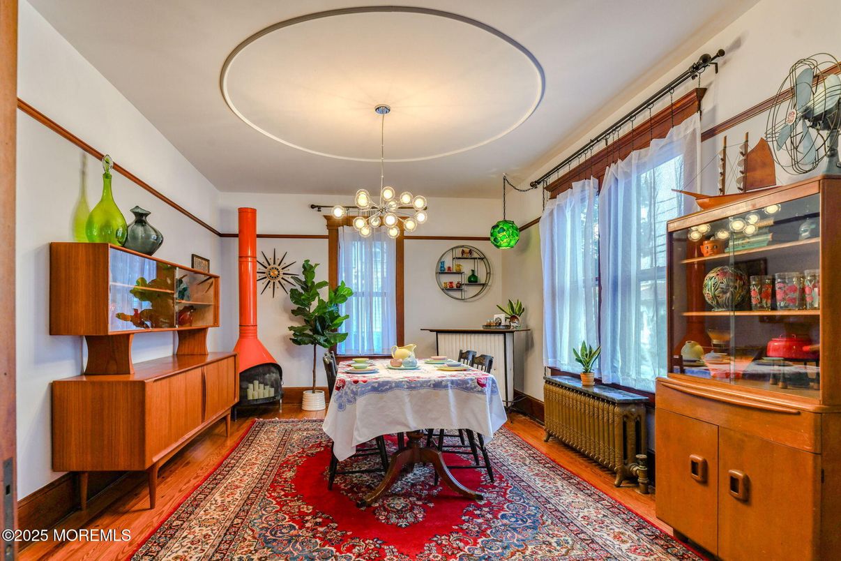 Dining room, Interior, Pendant Lights, Wood Texture Flooring