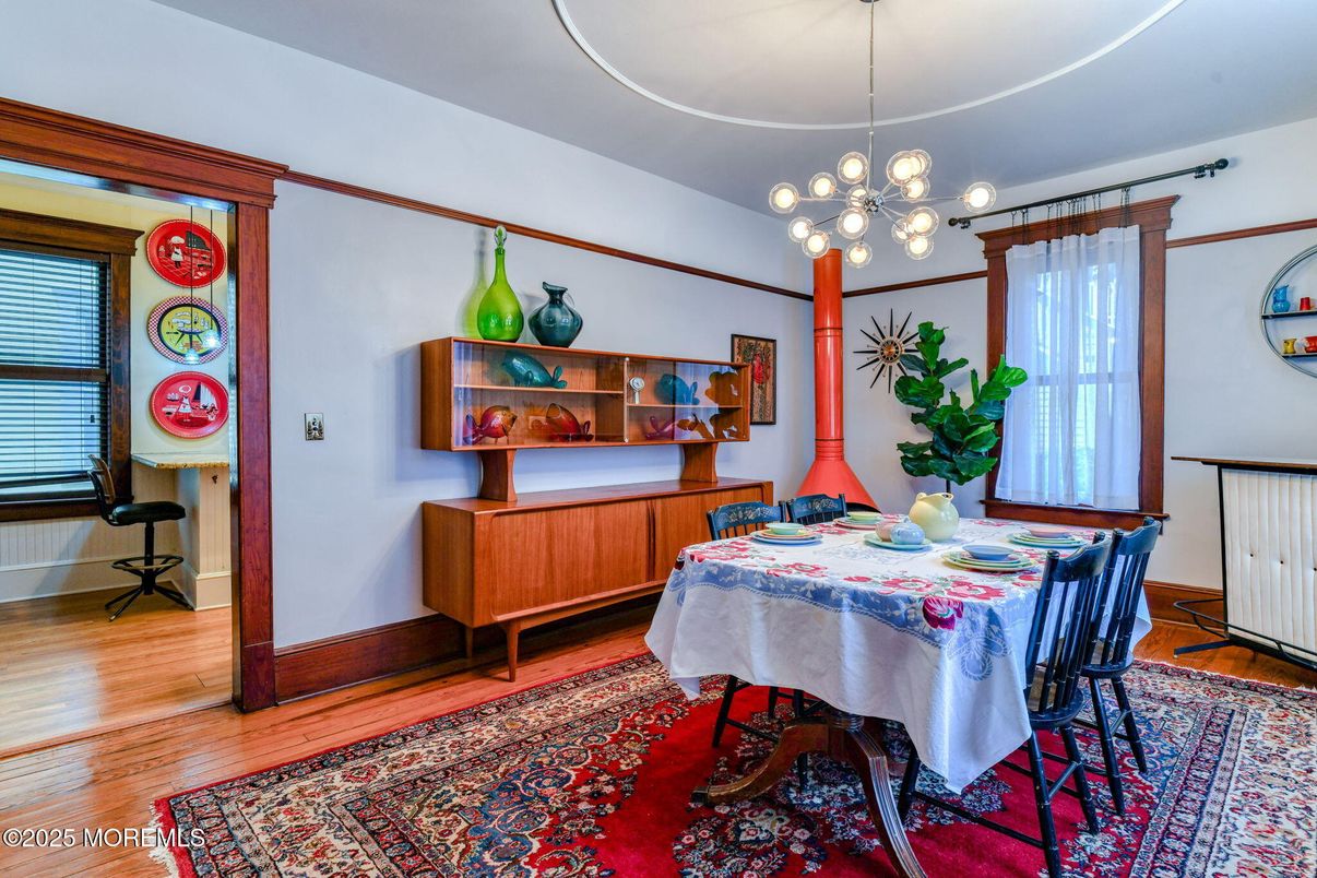 Dining room, Interior, Pendant Lights, Wood Texture Flooring