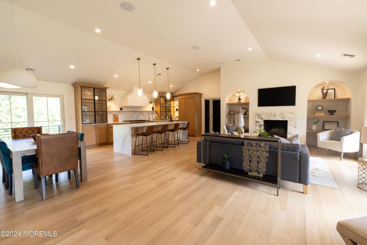Dining room, Fireplace, Interior, Kitchen, Living room, Pendant Lights, Recessed Lighting, Wood Texture Flooring