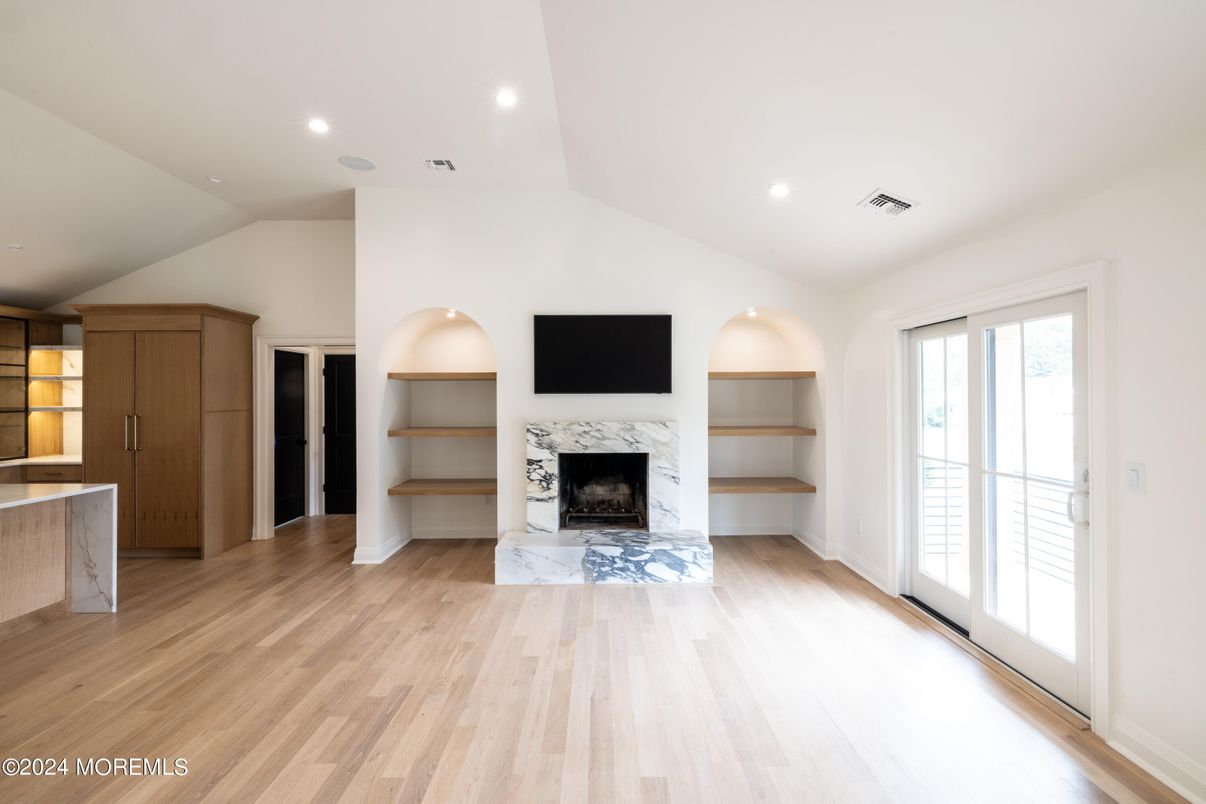 Empty room, Fireplace, Interior, Recessed Lighting, Wood Texture Flooring
