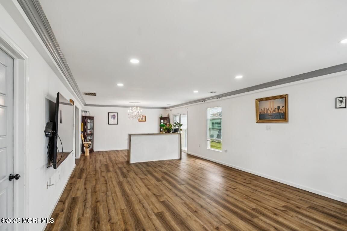 Chandelier, Empty room, Interior, Recessed Lighting, Wood Texture Flooring