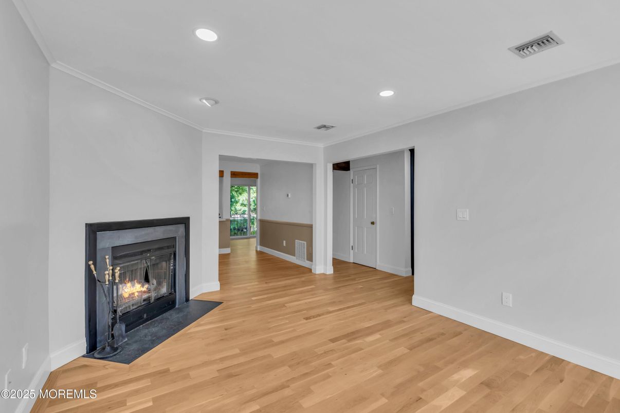 Empty room, Fireplace, Interior, Recessed Lighting, Wood Texture Flooring