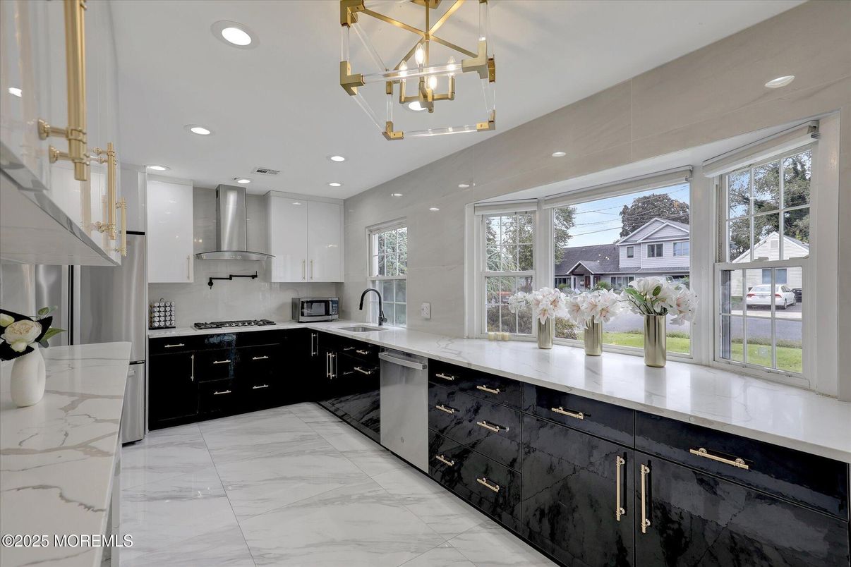 Interior, Kitchen, Marble, Pendant Lights, Recessed Lighting, Stainless Steel Appliances