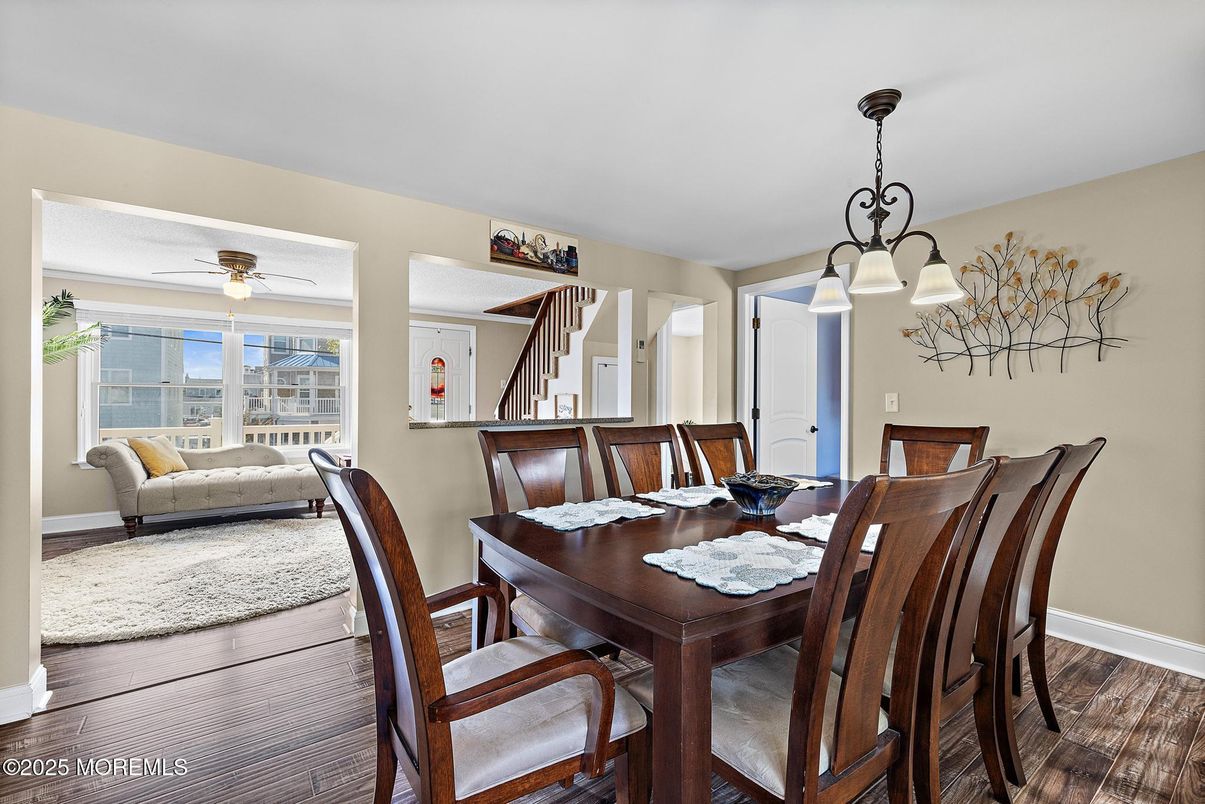 Dining room, Interior, Pendant Lights, Wood Texture Flooring