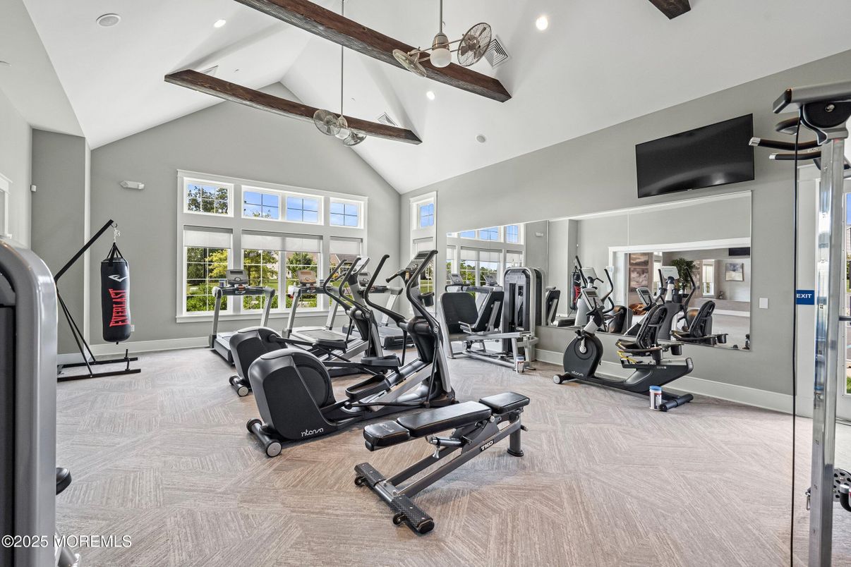 Fitness Equipment, Gym, Interior, Recessed Lighting, Wooden Beams