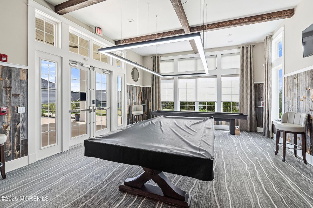 Billiard Table, Game Room, Interior, Pendant Lights, Recessed Lighting, Wooden Beams