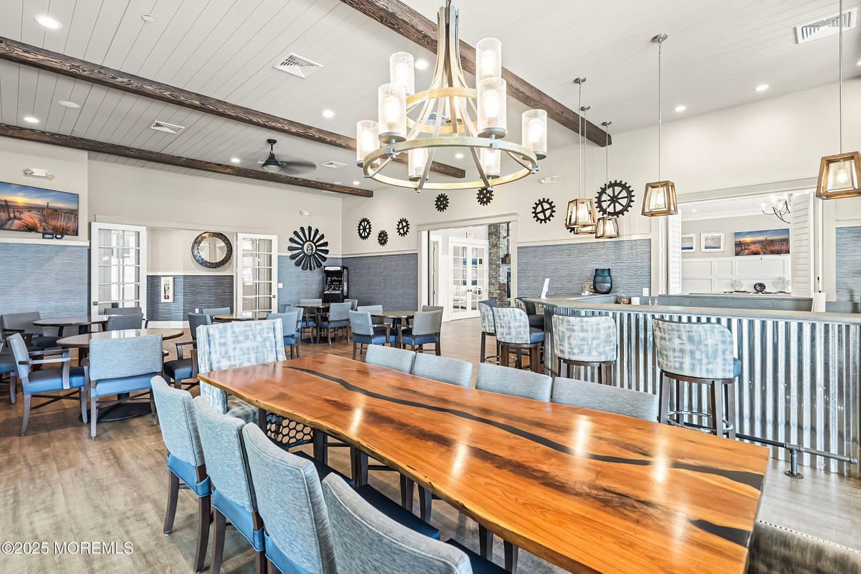 Chandelier, Dining room, Interior, Pendant Lights, Recessed Lighting, Water, Wooden Beams, Wood Texture Flooring