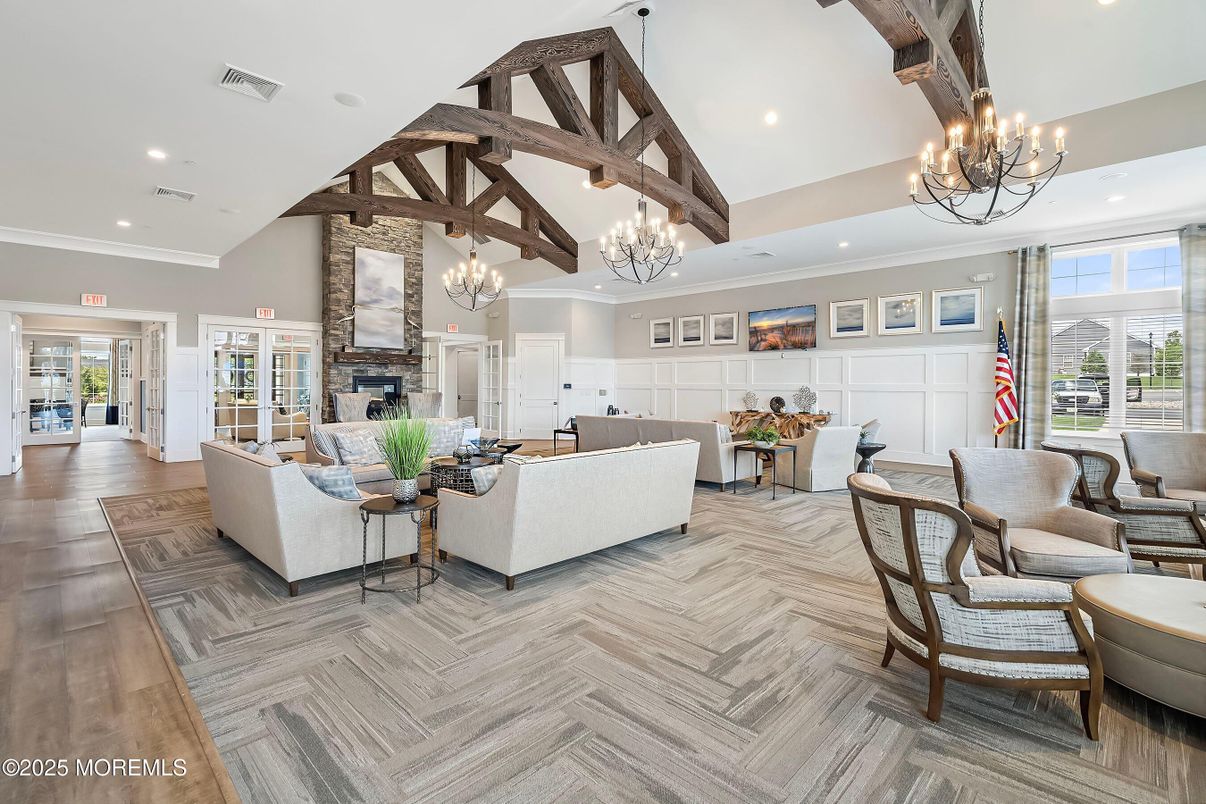 Chandelier, Fireplace, Interior, Living room, Recessed Lighting, Wooden Beams, Wood Texture Flooring