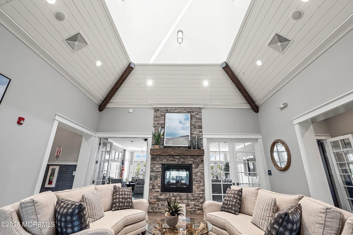 Fireplace, Interior, Living room, Recessed Lighting, Stone Walls, Wooden Beams