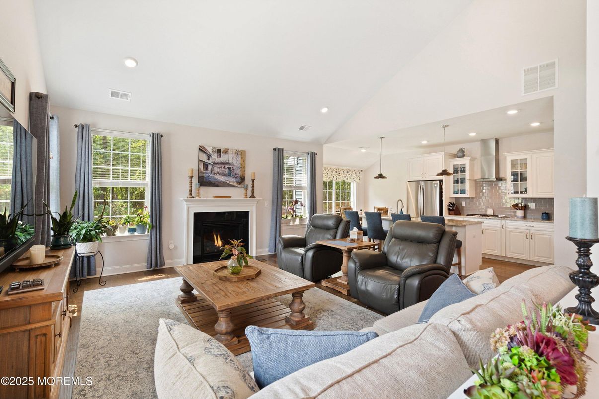 Fireplace, Interior, Kitchen, Living room, Pendant Lights, Recessed Lighting, Wood Texture Flooring